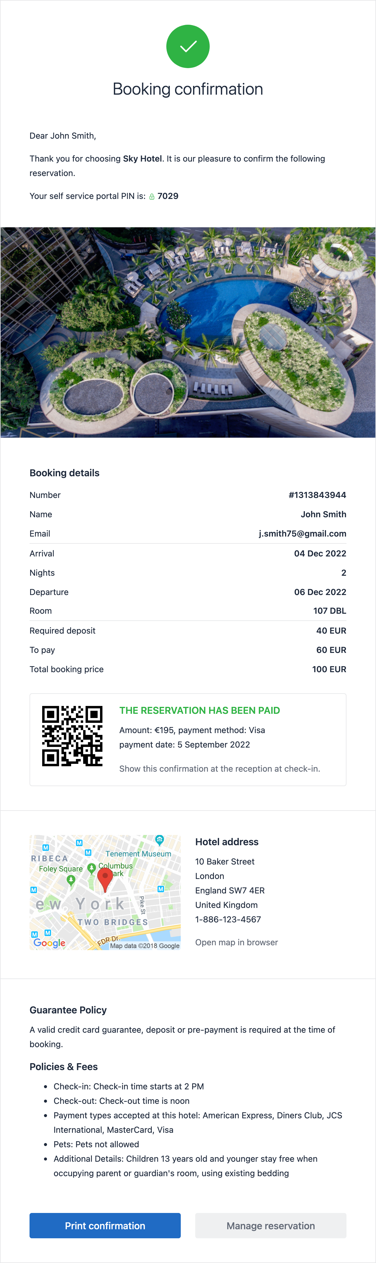 Email template with the booking confirmation