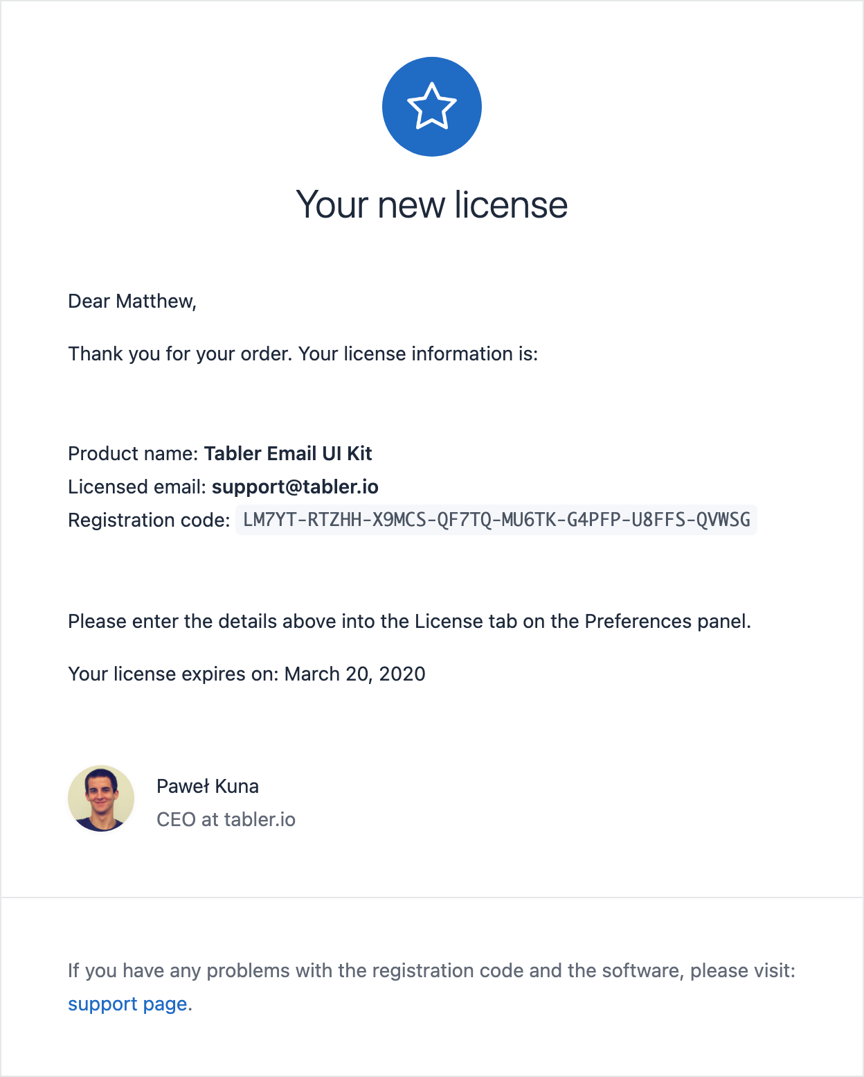 Email template related with the license