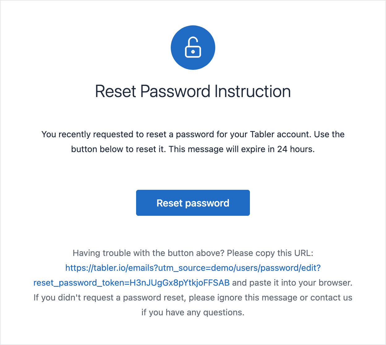 Email template with reset password for the account