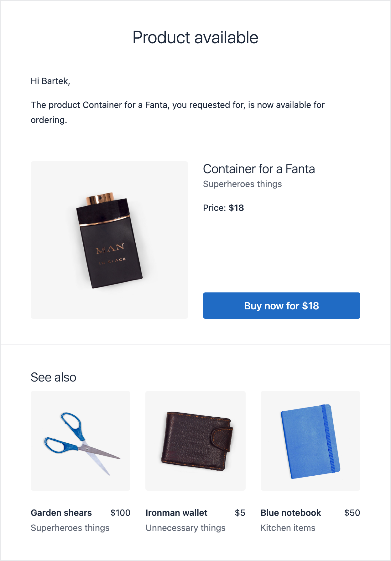 Email template with an available product