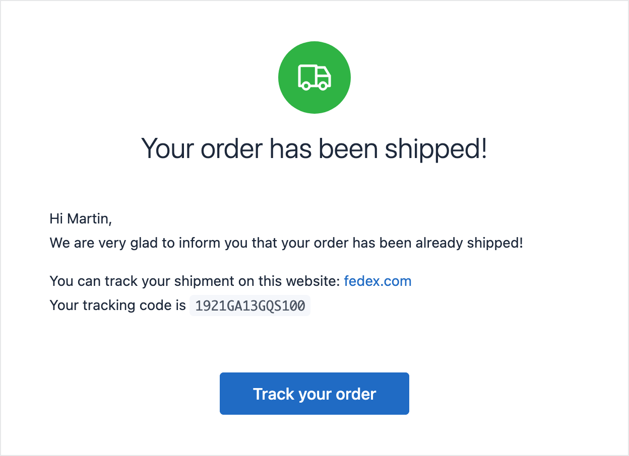 Email template informing about the shipment
