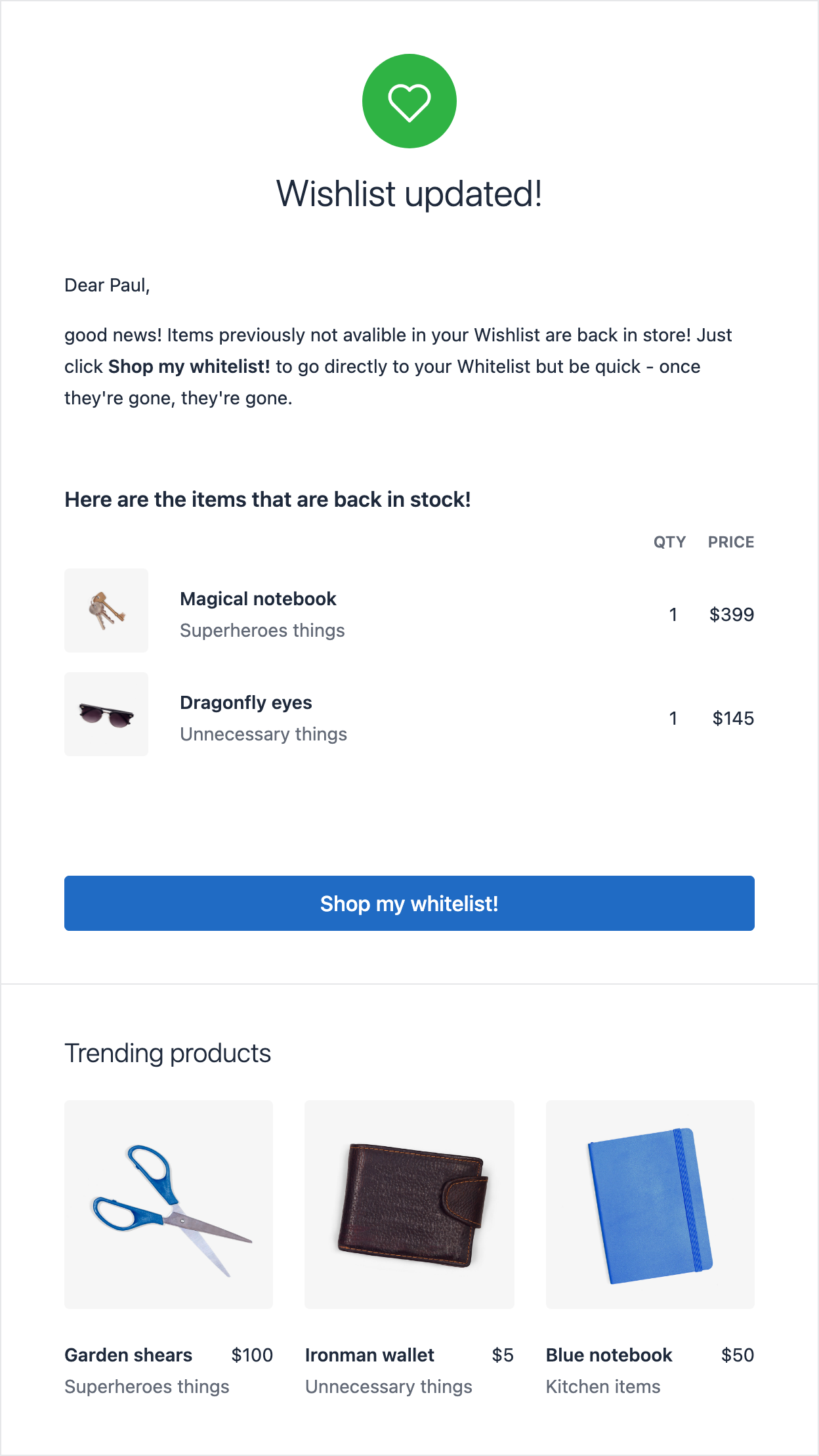 Email template with a wishlist update
