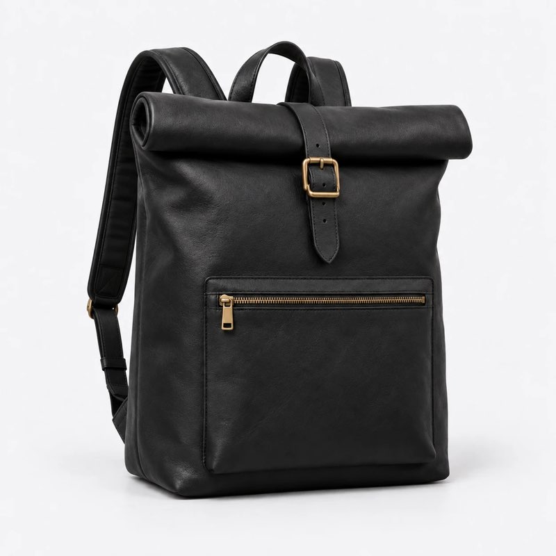 Black leather backpack, view from the front left