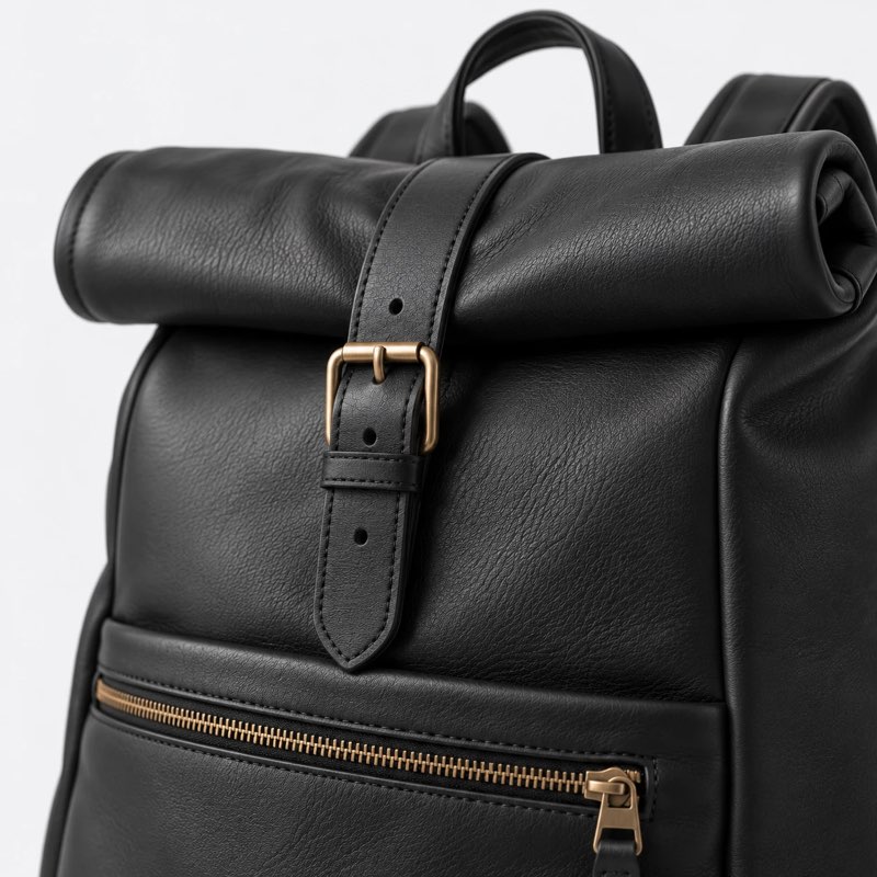 Brass buckle and leather grain of the backpack
