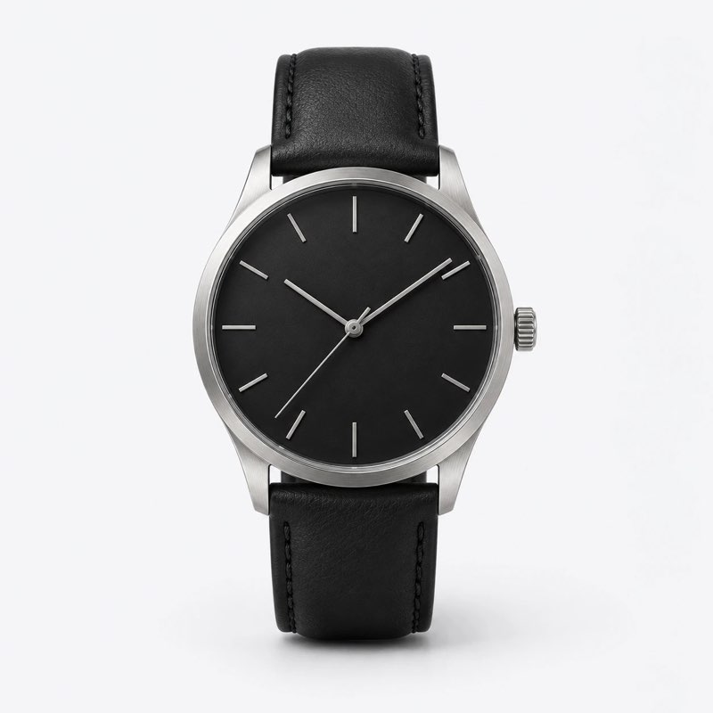 Steel watch with a black dial, front view