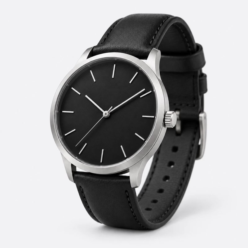 Steel watch with a black dial, view from the front left