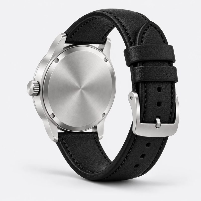 Steel watch, back view with the case back and buckle